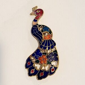 Vintage Colorful Peacock Bird Cloisonne Enamel Brooch Pin 2.5"
